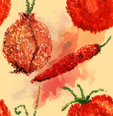Seamless pattern with tomato, onion and red hot chili pepper