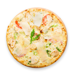 Delicious pizza with chicken, parmesan and fresh arugula