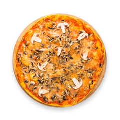 Delicious pizza with mushrooms and smoked chicken