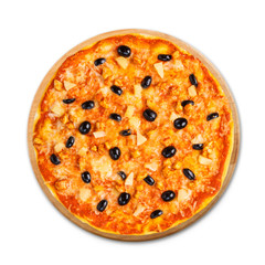 Delicious pizza with pineapple, chicken and olives