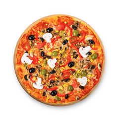 Delicious vegetarian pizza with tomatoes, mushrooms and olives