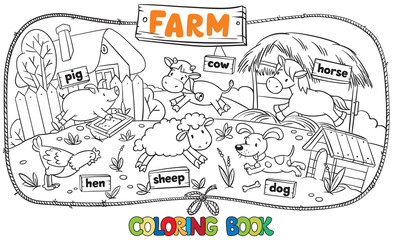Coloring book with farm animals