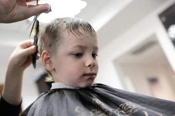 Fototapeta premium Barber cutting hair of a kid