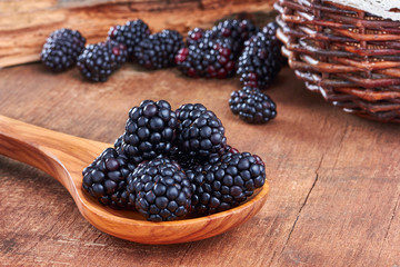 Bowl of yogurt and fresh Blackberries on a wooden table