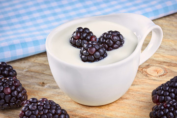 Bowl of yogurt and fresh Blackberries on a wooden table