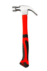 Metal hammer with red and black handle isolated on white.