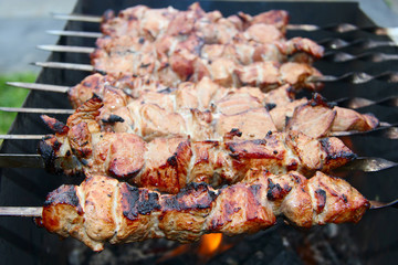 Barbecue meat on skewers