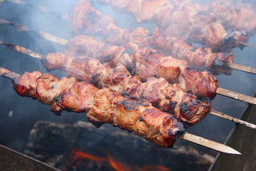 Barbecue meat on skewers