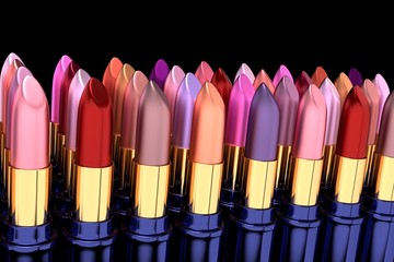 3D render of various lipsticks, shallow DOF