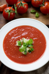 Close-up of gazpacho with cucumber and green basil topping