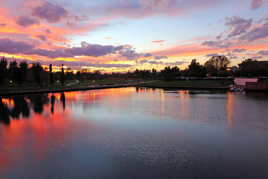 Evening city pond in Rimini. Italy