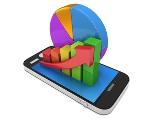 Bar graph with red arrow and pie chart on smartphone
