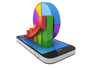 Bar graph with red arrow and pie chart on smartphone