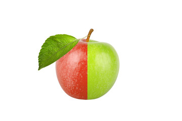 Green and red apple with leaf isolated on white background