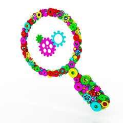Magnifier of gears. The search icon. 3D.