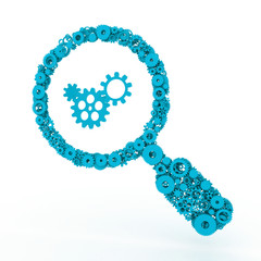 Magnifier of gears. The search icon. 3D.