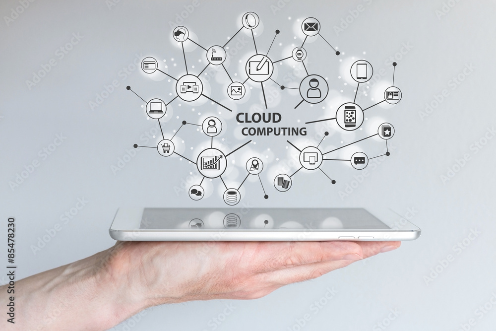 Aufkleber cloud computing and mobile computing concept. hand holding tablet or smart phone