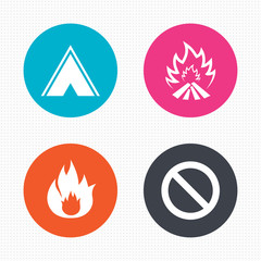 Tourist camping tent sign. Fire flame icons.
