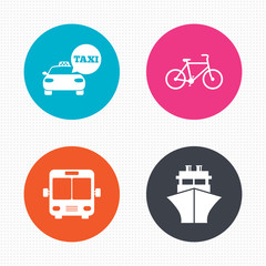 Transport icons. Taxi car, Bicycle, Bus and Ship
