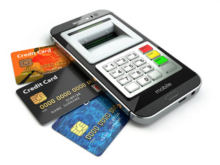 Mobile banking concept. Smartphone as ATM and credit cards.