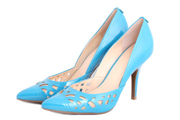 Naklejka premium isolated women beautiful modern high-heeled leather turquoise shoes 