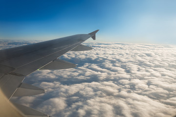 Wing of airplane from window