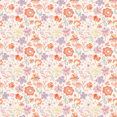 Red-pink with yellow seamless pattern with cartoon flowers