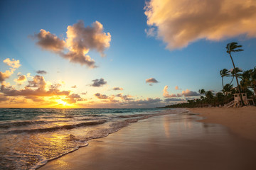 Landscape of paradise tropical island beach, sunrise shot