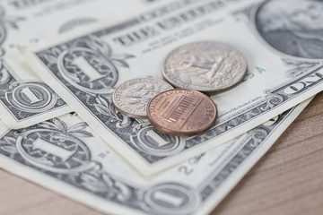 Closeup of Dollar Notes and Coins