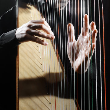 Harp strings closeup hands