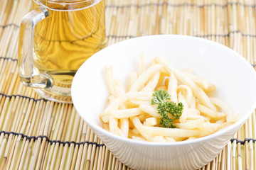 Fresh french fries with beers