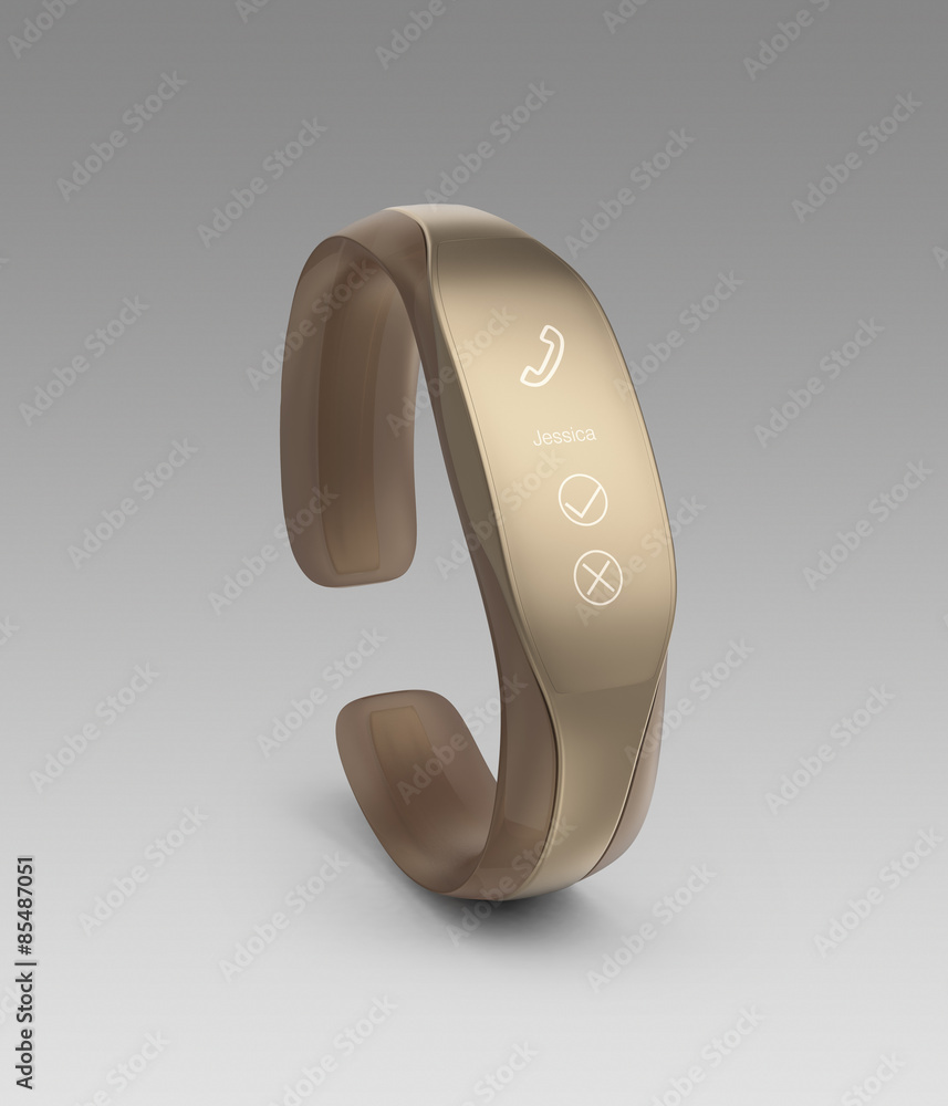 Poster stylish smart wrist band displaying incoming call notification.