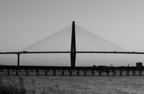Fototapeta Suspension  Bridge in Black and white with steel cables 