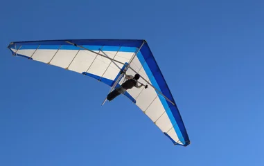 Poster Hang Glider flying in the sky on a bright blue day © dcorneli