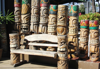Assortment of carved wooden tiki Gods, Oahu, Hawaii