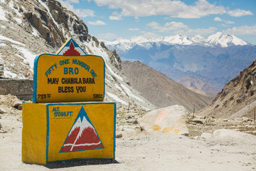 Sign at Chang La Pass,the top of the third highest motorable roa