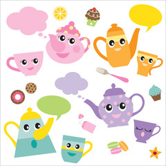 Vector illustration of talking teapots and teacups cartoon characters.