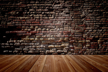 Conceptual old vintage brick wall and wood floor