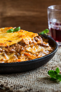 Traditional Italian lasagna cooked in a frying pan