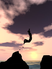 Human man silhouette jumping at sunset