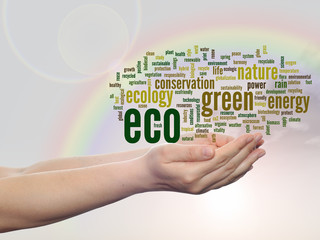 Conceptual ecology word cloud over rainbow