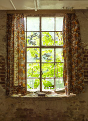 old window with curtain