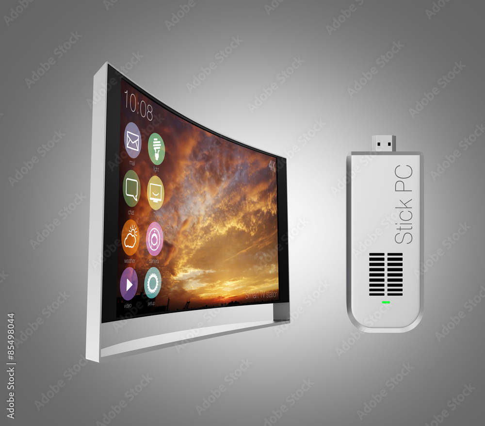Poster stick-type computer and curved television isolated on gray background