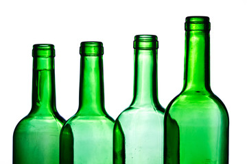 Green wine bottles transparent on white background.
