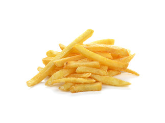 a pile of appetizing french fries on a white background