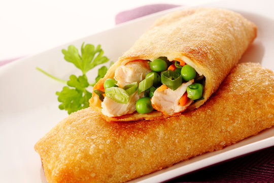 Tasty crispy spring roll with crab and peas