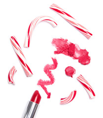 Bright red lipstick with crushed Christmas candy