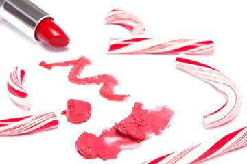 Bright red lipstick with crushed Christmas candy
