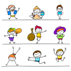 set of colorful hand drawing cartoon happy kids