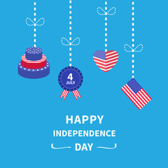 Hanging heart, flag, cake,  Star and strip Happy independence day United states of America. 4th of July. Flat design